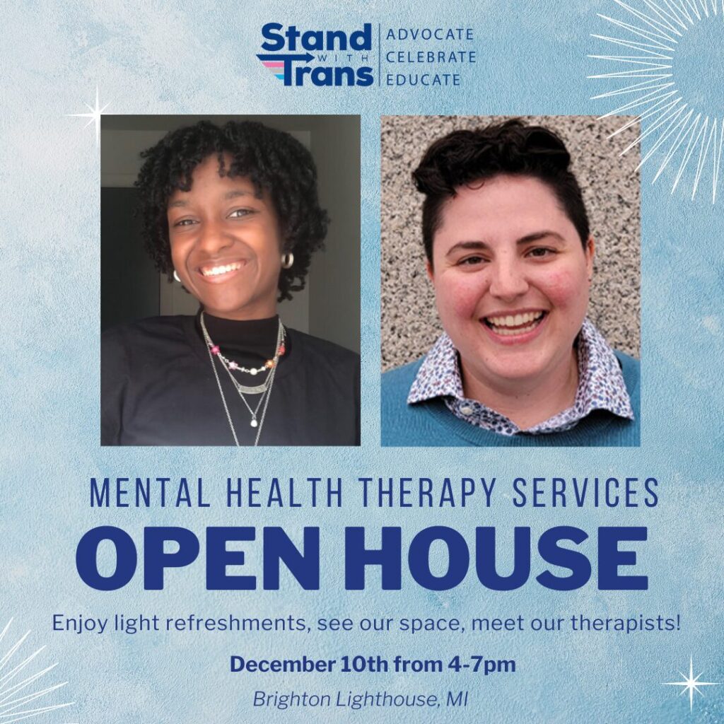 Stand with Trans Open House | GLAAD Photo of Daily Andrews (Right) and Jasmine Ionie Hobson (left), reads "Mental Health Therapy Services: OPEN HOUSE, December 10 from 4-7pm