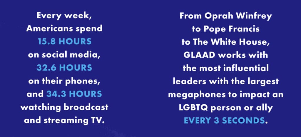 GLAAD works with the most influential leaders with the largest megaphones to impact an LGBTQ person or ally EVERY 3 SECONDS. | GLAAD GLAAD works with the most influential leaders with the largest megaphones to impact an LGBTQ person or ally EVERY 3 SECONDS.