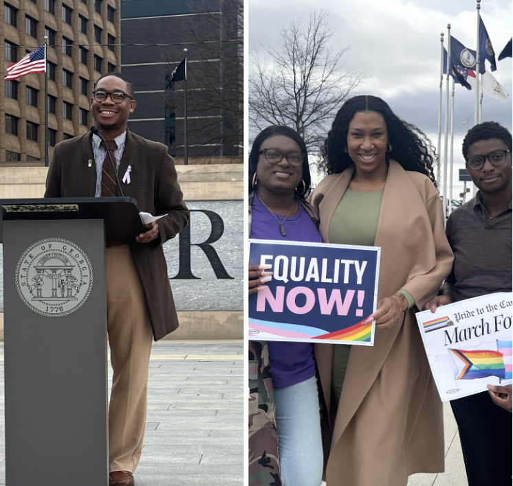 DeMarcus Beckham (left), Macon-based Regional Organizer for HRC and rally host, speaks during the “Pride to the Capitol” rally. Transgender advocate Zaria Newbill (right) and fellow advocates hold signs during the rally. | GLAAD DeMarcus Beckham (left), Macon-based Regional Organizer for HRC and rally host, speaks during the “Pride to the Capitol” rally. Transgender advocate Zaria Newbill (right) and fellow advocates hold signs during the rally.