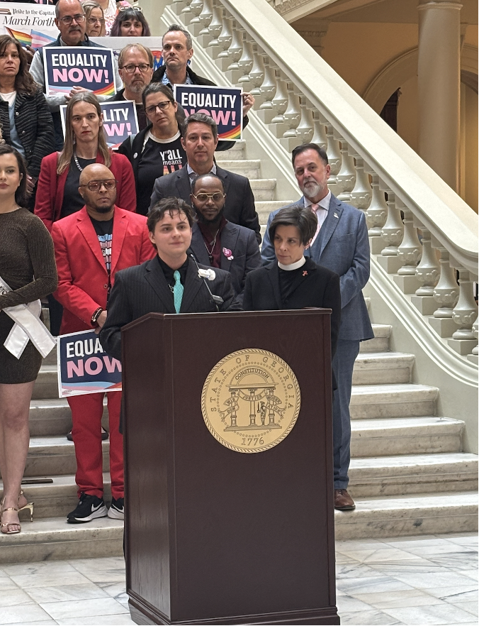 Transgender advocate Aeden Rowell delivers a powerful speech during the “Pride to the Capitol” press conference inside the Gold Dome on March 4, 2025. | GLAAD Transgender advocate Aeden Rowell delivers a powerful speech during the “Pride to the Capitol” press conference inside the Gold Dome on March 4, 2025.