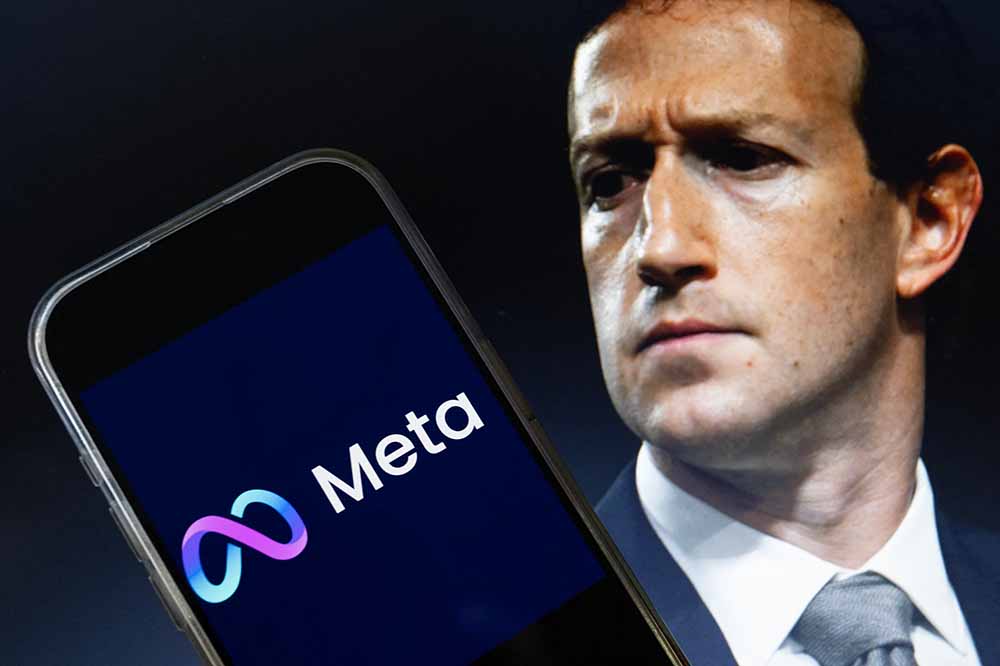 shows an image of Mark Zuckerberg, CEO of Meta, and an image of the Meta logo