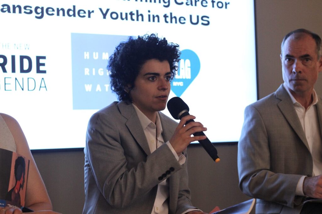 Yasemin Smallens lead researcher and writer of "They're Ruining People's Lives" speaks to the audience | GLAAD a close up of Yasemin Smallens, an officer in the LGBT Rights Program at HRW