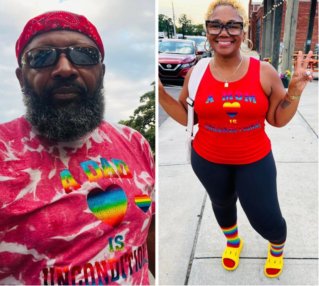 Preston Howard Sr. (left) and Connie Howard (right) pose in custom Pride t-shirts at Mobile’s Art Walk in June 2024. | GLAAD Preston Howard Sr. and Connie Howard pose in custom Pride t-shirts at Mobile’s Art Walk in June 2024.