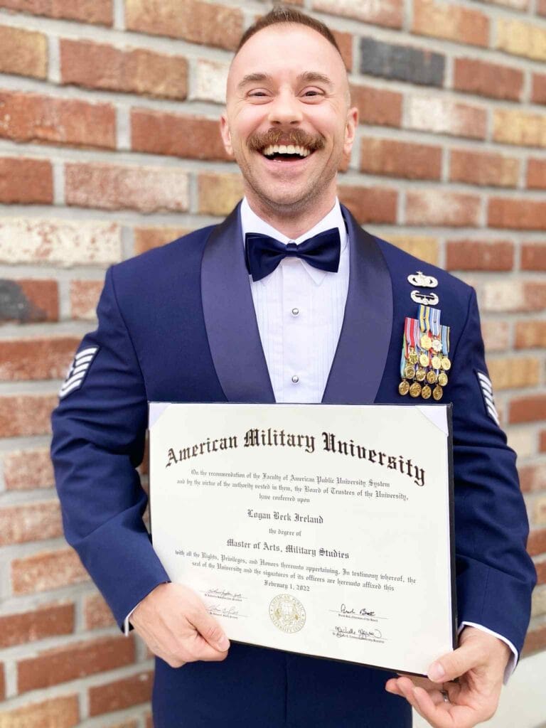 Logan Ireland - military | GLAAD Master Sergeant Logan Ireland receiving an MA in Military Studies from American Military University - Credit, Logan Ireland
