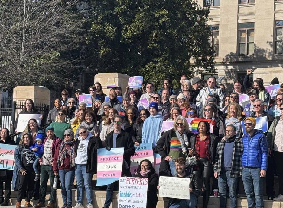 LGBTQ advocates and allies inside Liberty Plaza for the Stand Up for Trans Georgians Rally on January 13, 2025, in Atlanta, Georgia.