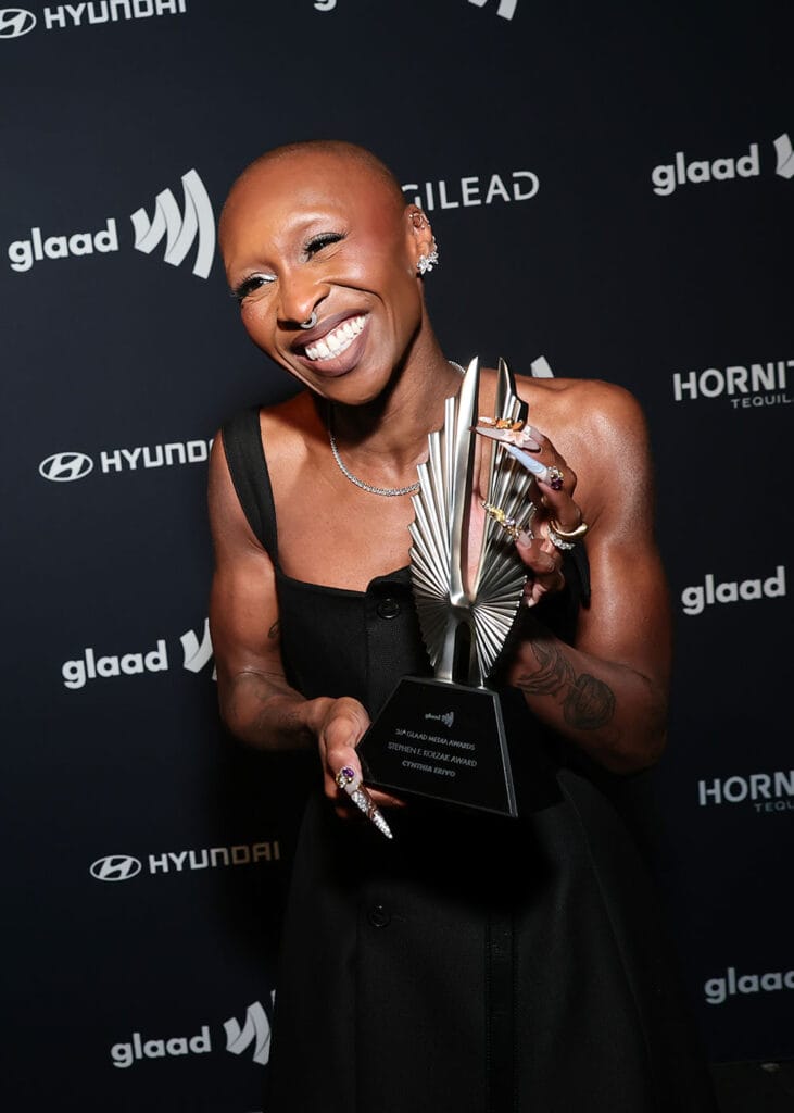 Cynthia Erivo, winner of the Stephen F. Kolzak Award, poses during the 36th Annual GLAAD Media Awards at The Beverly Hilton on March 27, 2025 in Beverly Hills, California. | GLAAD Cynthia Erivo, winner of the Stephen F. Kolzak Award, poses during the 36th Annual GLAAD Media Awards at The Beverly Hilton on March 27, 2025 in Beverly Hills, California.