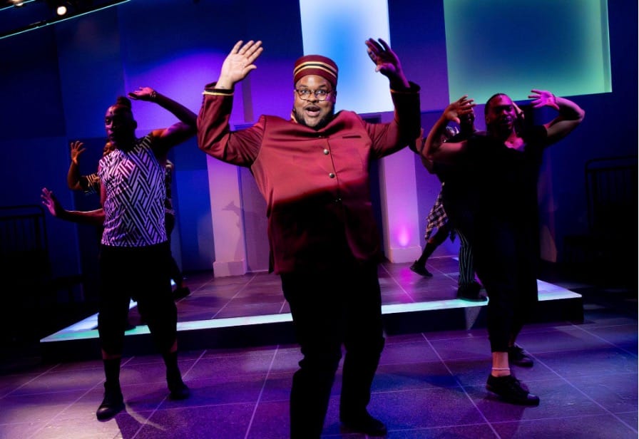 Actor Eddie Weaver leads company members in a musical number in the Actors Express production of A Strange Loop. | GLAAD Actor Eddie Weaver leads company members in a musical number in the Actors Express production of A Strange Loop.