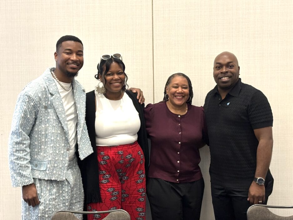 K. Keith, Masonia Traylor, Rose Scott, and Darian Aaron pose for a photo following the panel discussion, Queer & Black Voices In The South, at the 2025 NLGJA Convention in Atlanta