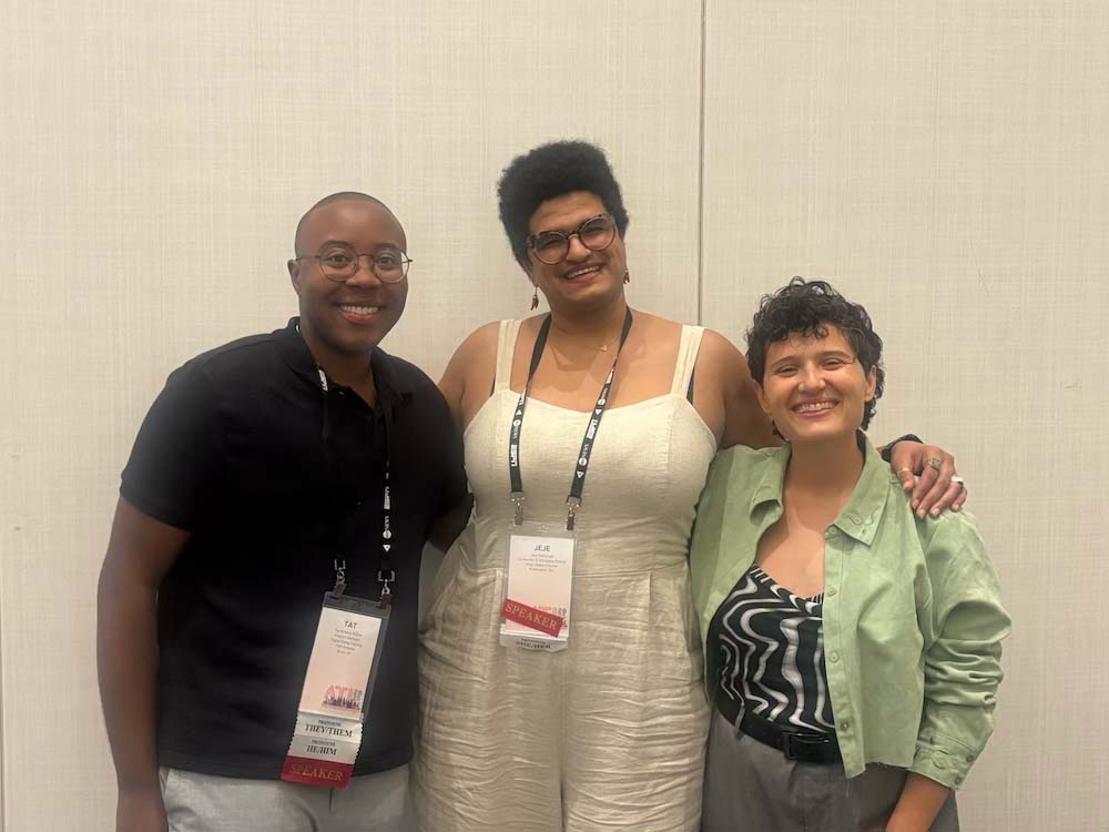 Tat Bellamy-Walker, Jeje Mohamed, and Leanna Garfield pose for a photo at the 2025 NLGJA Convention in Atlanta, Georgia.
