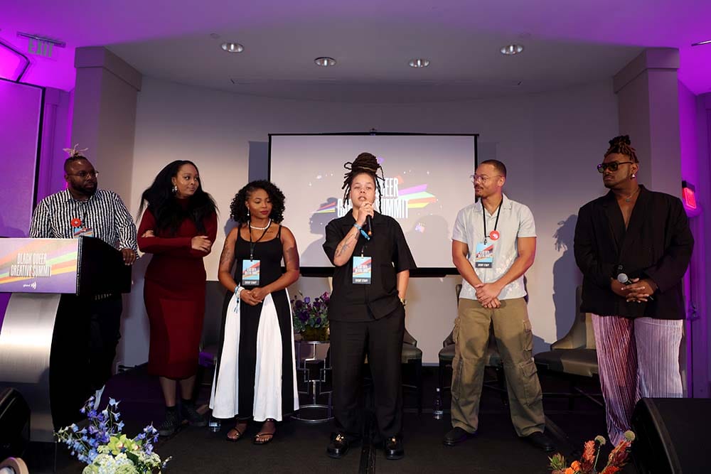 LOS ANGELES, CALIFORNIA - SEPTEMBER 18: DaShawn Usher, Senior Director, Communities of Color and Media, GLAAD, Tymia Ballard, Communities of Color and Media Jr. Associate, GLAAD, Alexander King, Julian J. Walker, Associate Director, Communities of Color, GLAAD and Ryan Mitchell speak onstage during the 2025 Black Queer Creative Summit x Black + Iconic Dinner Presented by P&G, BET, and GLAAD at Sofitel Los Angeles on September 18, 2025 in Los Angeles, California. | GLAAD LOS ANGELES, CALIFORNIA - SEPTEMBER 18: DaShawn Usher, Senior Director, Communities of Color and Media, GLAAD, Tymia Ballard, Communities of Color and Media Jr. Associate, GLAAD, Alexander King, Julian J. Walker, Associate Director, Communities of Color, GLAAD and Ryan Mitchell speak onstage during the 2025 Black Queer Creative Summit x Black + Iconic Dinner Presented by P&G, BET, and GLAAD at Sofitel Los Angeles on September 18, 2025 in Los Angeles, California.