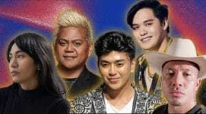 Five Queer Filipinos Who Were on Project Runway. Features the faces of fashion designers Veejay Floresca, Kini Zamora, Kenneth Barlis, Darren Apolonio, and Jay Sario..