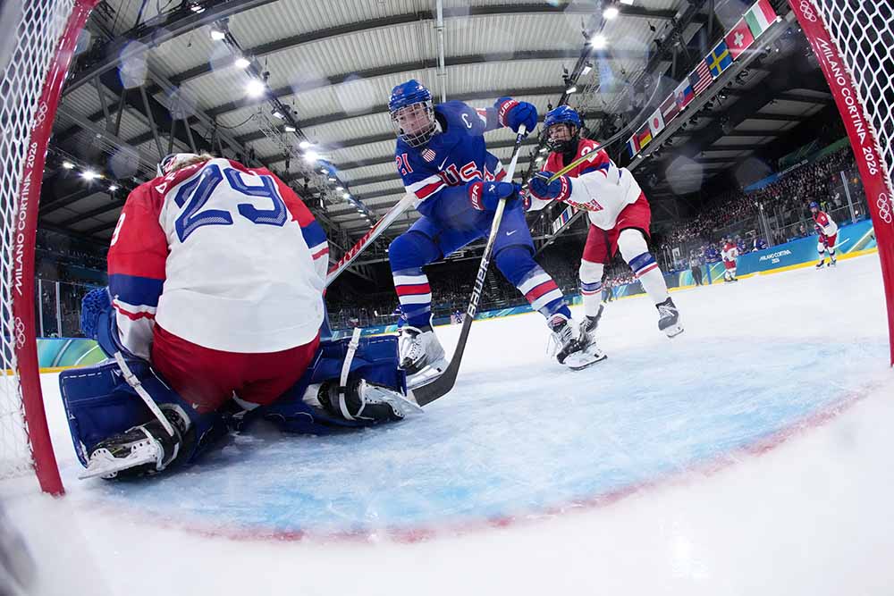 Klara Peslarova #29 of Team Czechia defends the net against Hilary Knight #21 of Team United States in the third period during the Women's Preliminary Round Group A match between the United States and Czechia on Day minus one of the Milano Cortina 2026 Winter Olympic games at Milano Rho Ice Hockey Arena on February 05, 2026 in Milan, Italy.