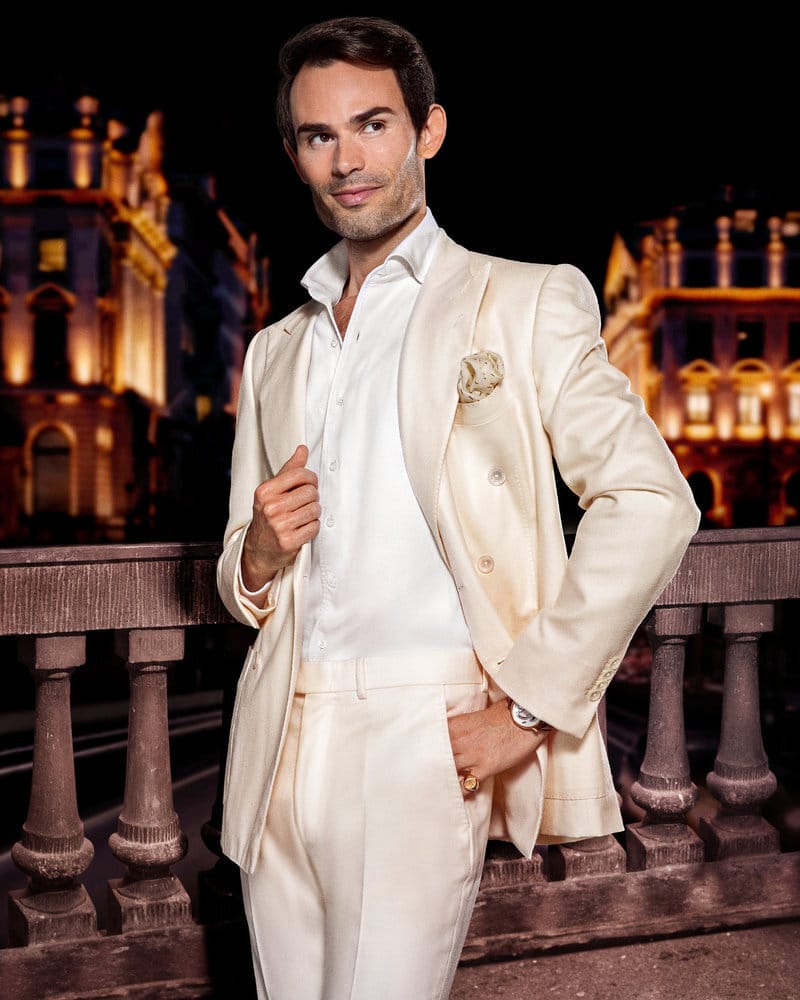 man in ladies dress WATCH: Mark-Francis Vandelli on Redefining Elegance, Evolution and Leading the Charge into a New Era of “Ladies of London” beading prom dress
