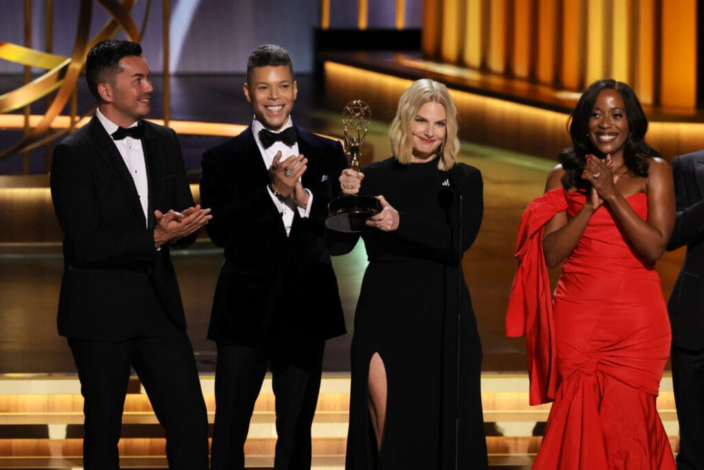 Anthony Allen Ramos, Wilson Cruz, President and CEO of GLAAD Sarah Kate Ellis, and Liz Jenkins accept the Governors Award onstage during the 75th Primetime Emmy Awards | GLAAD Anthony Allen Ramos, Wilson Cruz, President and CEO of GLAAD Sarah Kate Ellis, and Liz Jenkins accept the Governors Award onstage during the 75th Primetime Emmy Awards