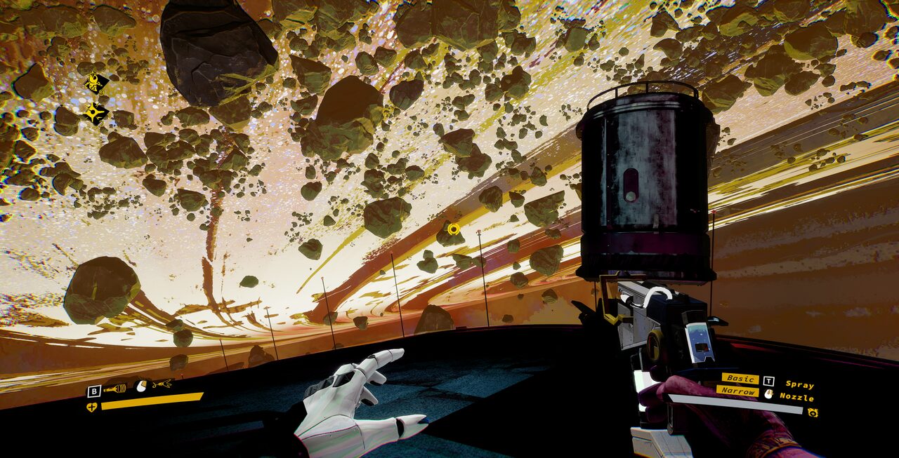 Act Two Teaser Image | GLAAD First-person sci-fi game view: gloved left hand reaching forward while holding a tool, with an asteroid field outside the window.