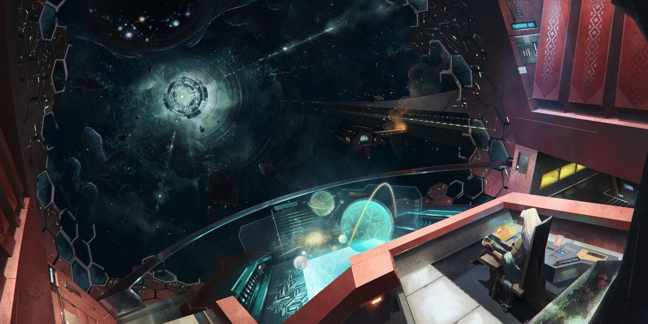 Hale in Spaceship | GLAAD Bridge of a starship with a glass railing showing holographic planetary diagrams and a crew member at a console, gazing outward at space.