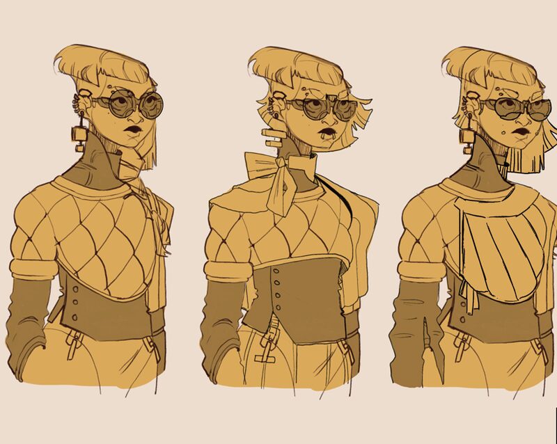 Kai Concept Art | GLAAD Triptych illustration of a futuristic woman in tan geometric outfits and sunglasses, shown in three poses side by side.