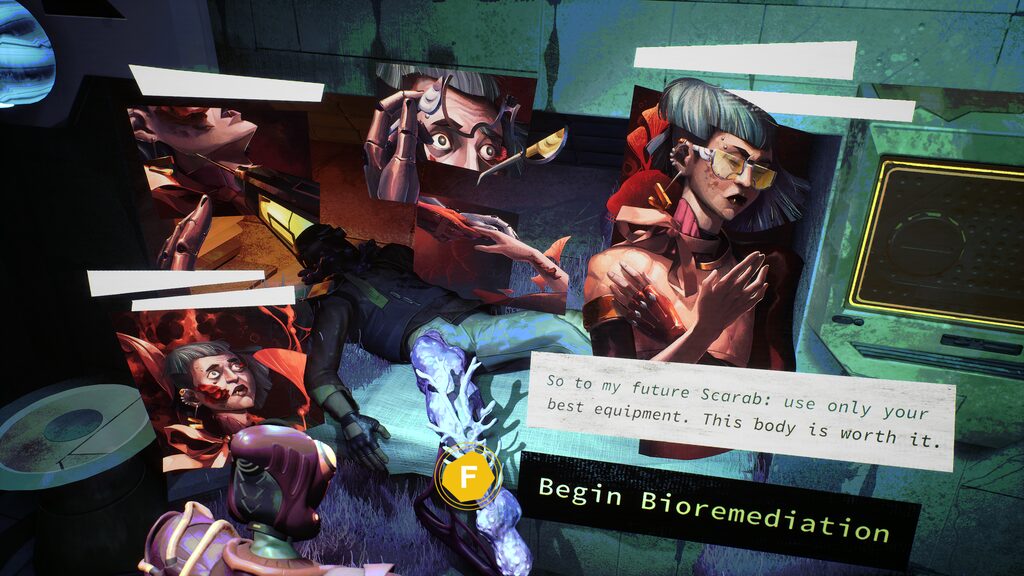 Death Ritual | GLAAD Futuristic collage mural with stylized characters; caption reads about using the best equipment and a 'Begin Bioremediation' label.
