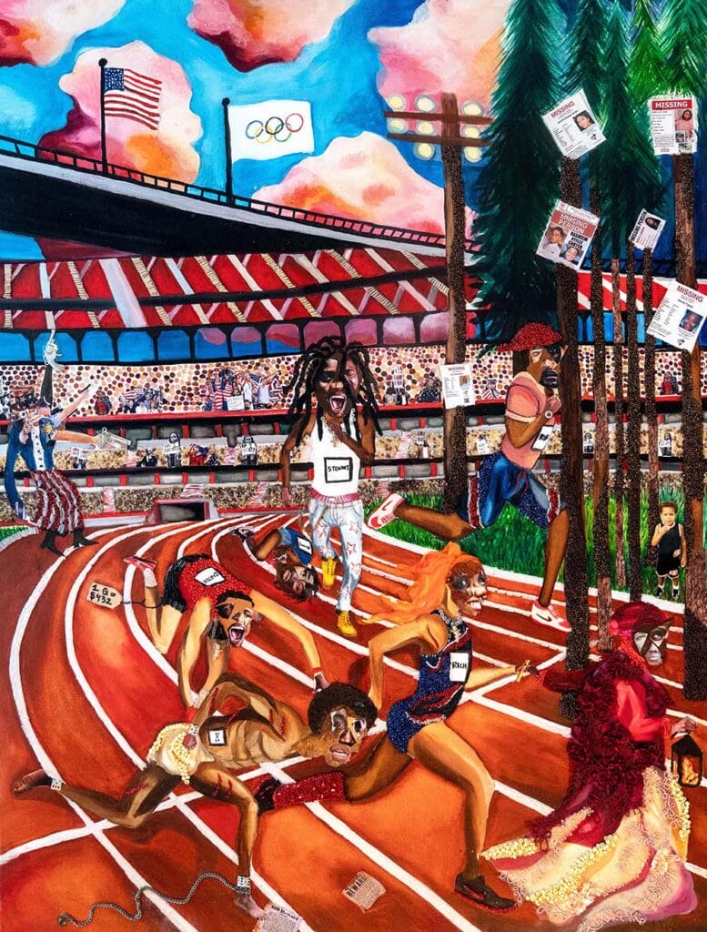 Colorful, street-art style painting of a track race in a stadium, with diverse runners, cheering crowd, and missing-person posters on trees and poles in the background.