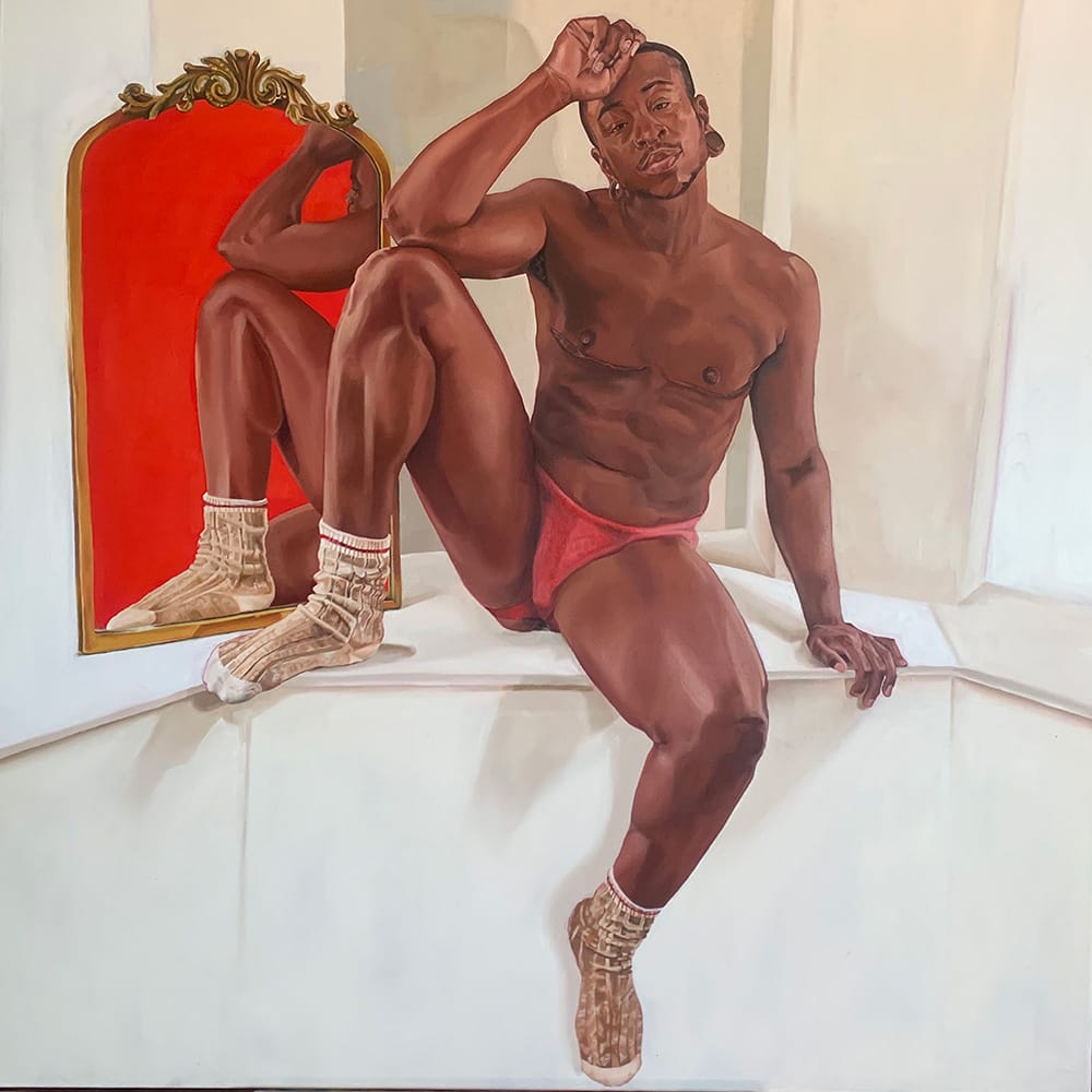 Muscular Black man in red briefs sits on a white ledge, with a red ornate chair and a mirrored reflection nearby in a painting.
