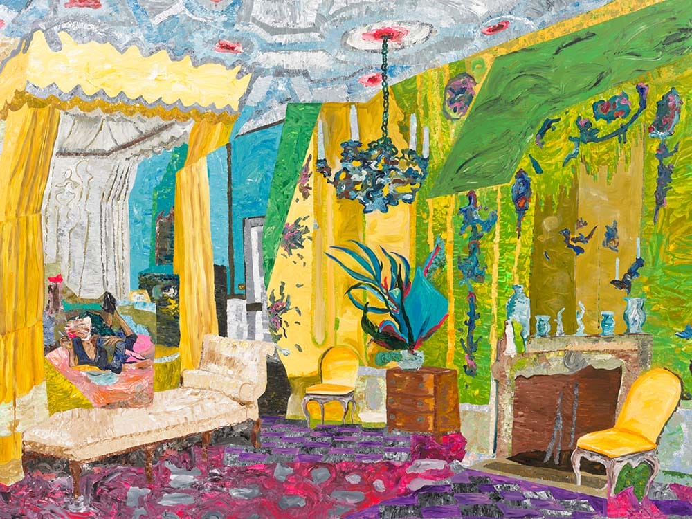 Vivid painting of a bright, eclectic living room with yellow walls, bold furniture, and a hanging chandelier. A colorful interior scene in an abstract painting with yellow drapes, vibrant furniture, and a purple rug.