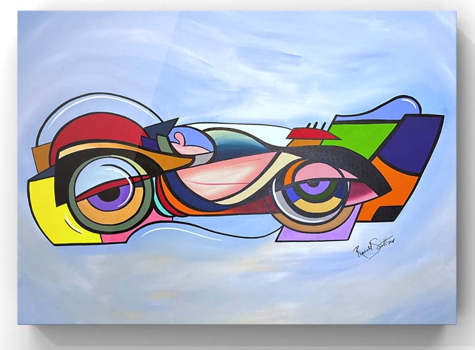 Abstract geometric painting with overlapping colorful shapes and circular motifs on a pale blue background.