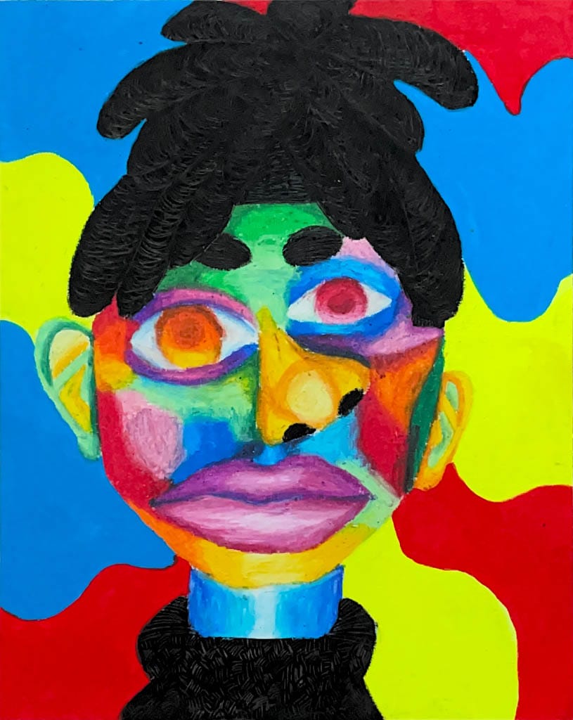 Abstract colorful portrait of a person with multicolored face and black hair on a blue, yellow, red background.