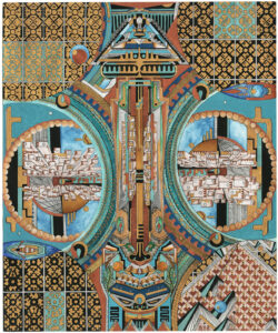 Intricate geometric abstract painting with a central vertical form in teal, orange, and gold, flanked by circular cityscape-like sections and a patterned grid background.
