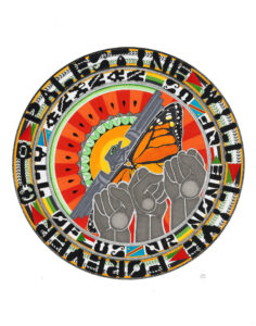 Colorful circular abstract artwork featuring a gray clenched fist gripping a metal bar over an orange radial background, with layered rings of geometric patterns and edge text around the circle.