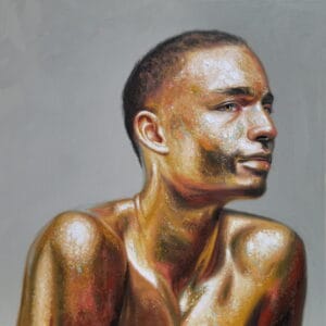 | GLAAD Close-up painting of a man's head and shoulders with thick, multicolored brushstrokes on a gray background.