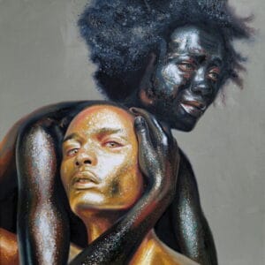 | GLAAD Abstract painting of two figures embracing: a dark-skinned person with a speckled, textured face and a lighter person resting beneath their arm.