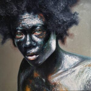 | GLAAD Close-up of a painted portrait showing a dark-skinned person with turquoise eyes and textured brushstrokes.