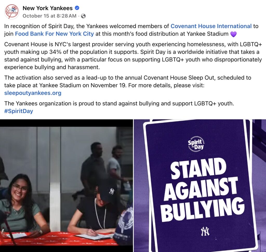 Yankees Spirit Day post showing youths signing a banner, with a purple 'Stand Against Bullying' card on the right.